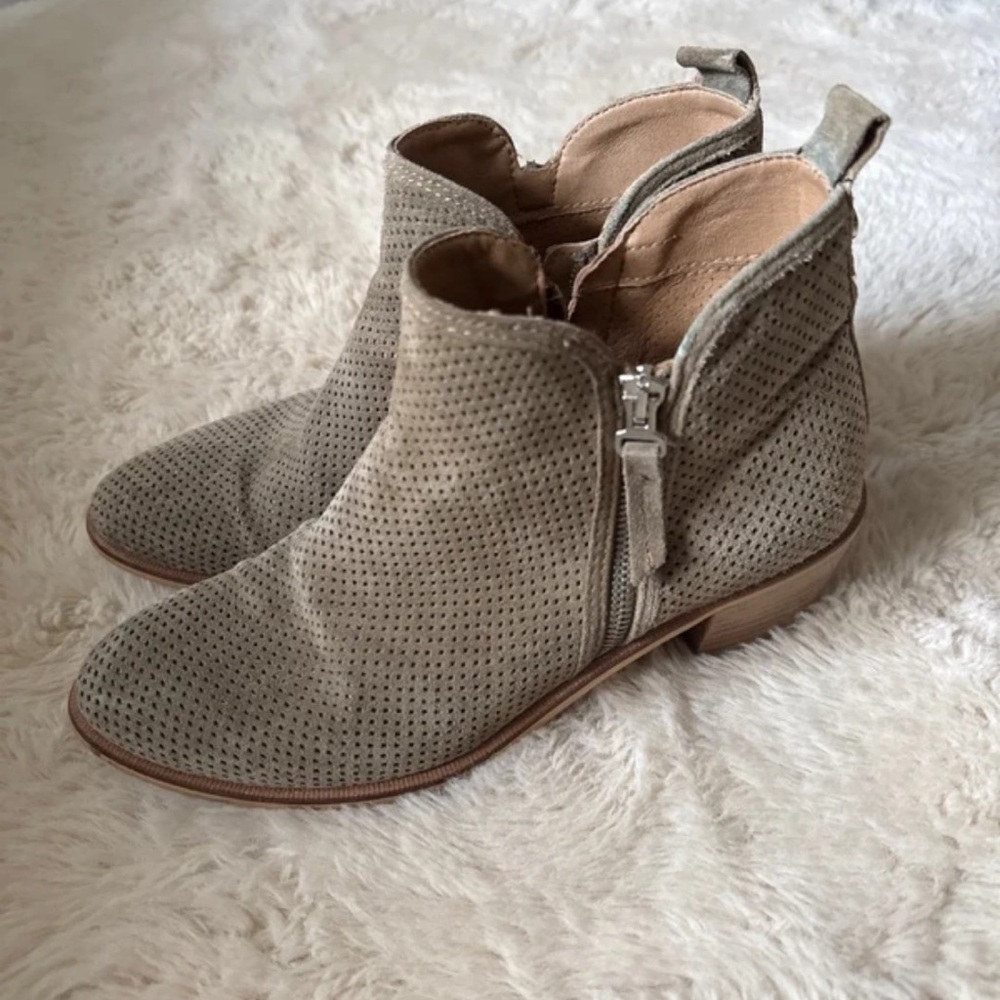 Perforated Taupe Suede Ankle Bootie with Side Zip Pull